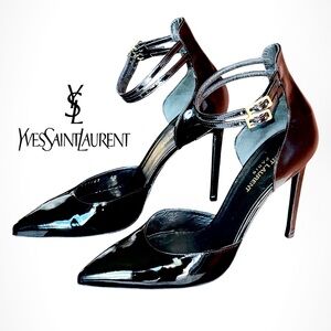 Saint Laurent Black Glossy Patent Leather Paris Triple Strap Heel EU 40 US 10